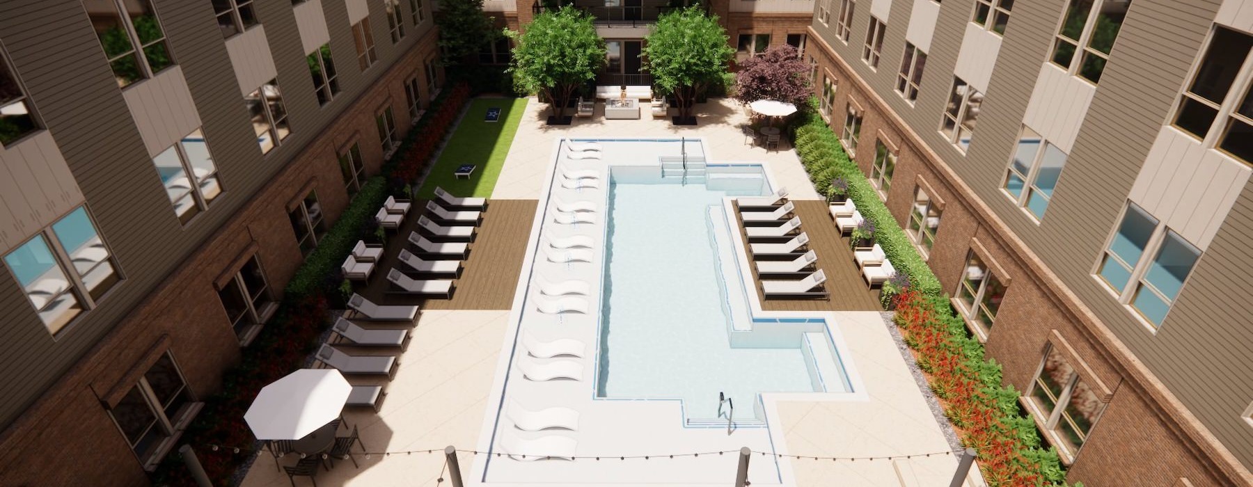 a swimming pool between buildings