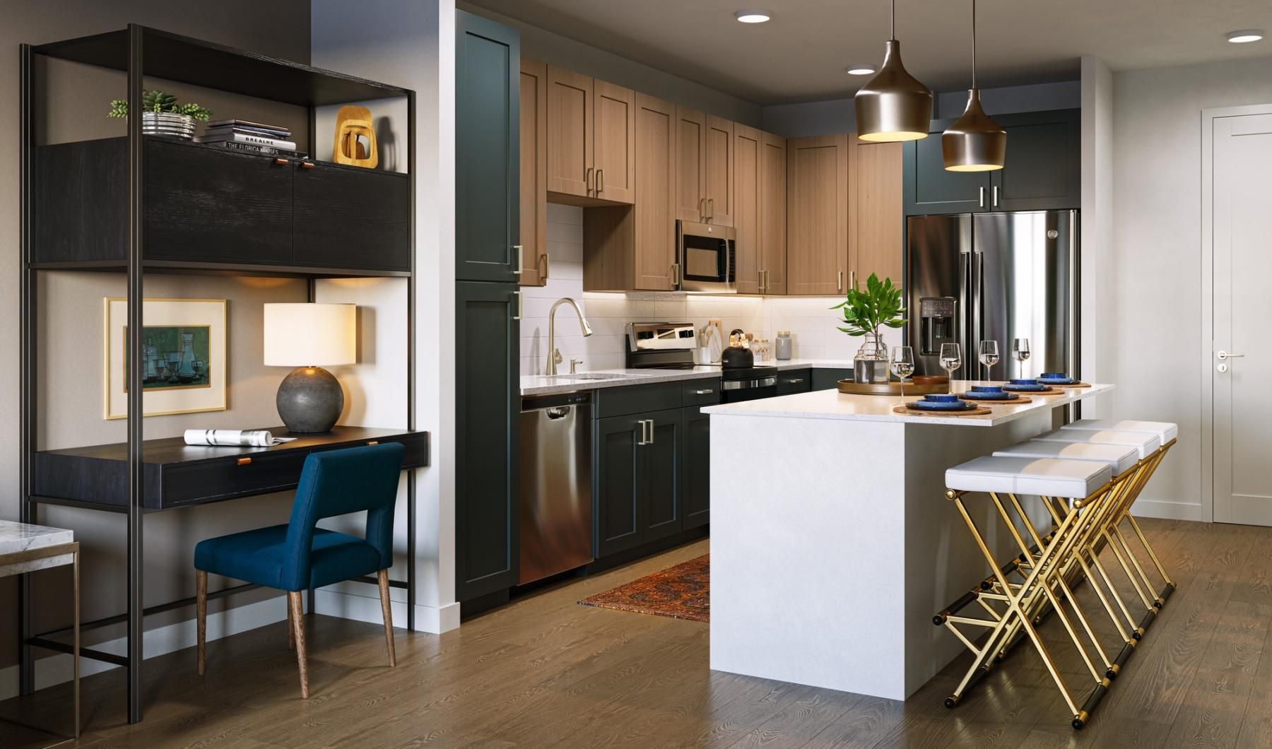 a kitchen with a bar stool and a table