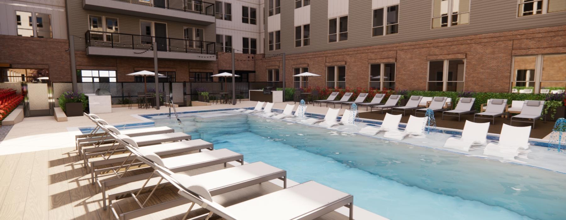 a pool with chairs around it