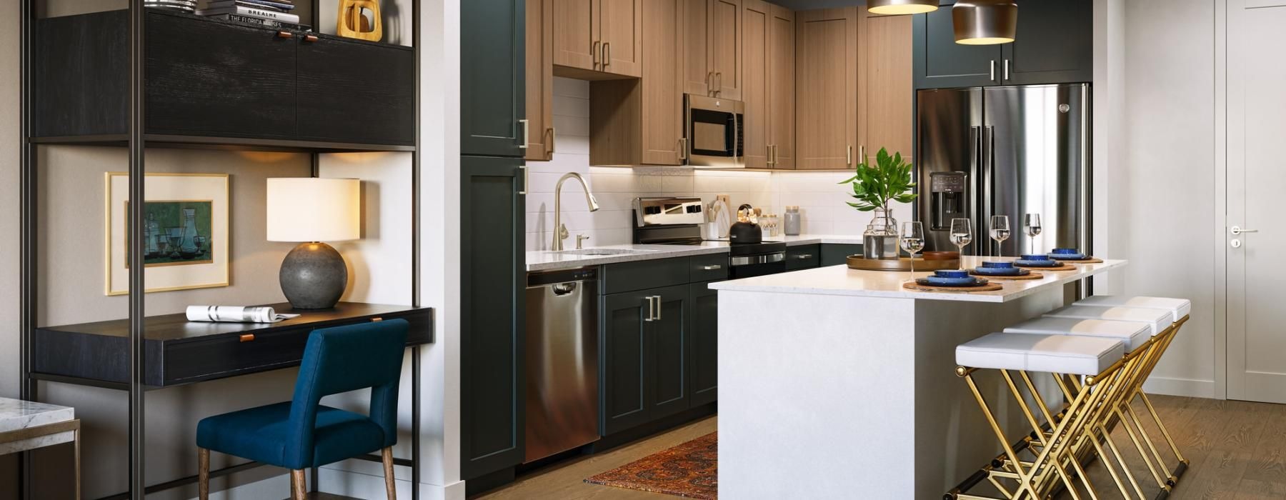 a kitchen with a bar stool and a table