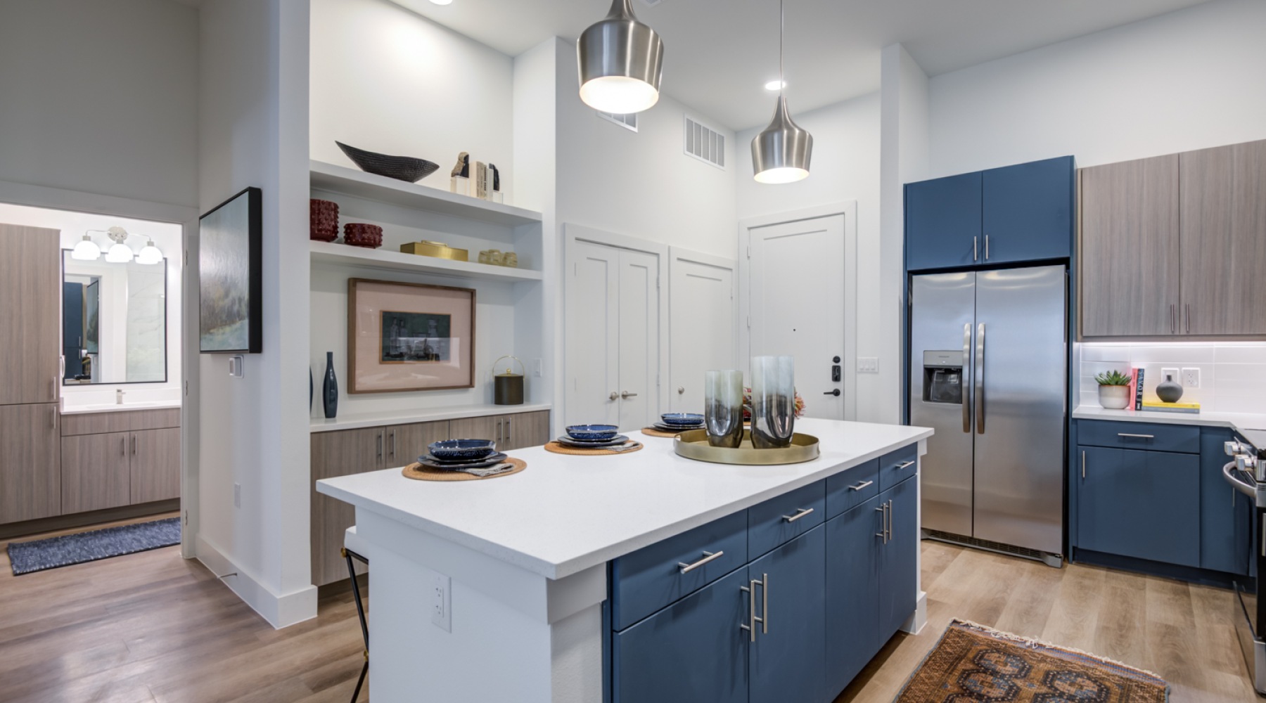 Kitchen island with coffee bar and shelves