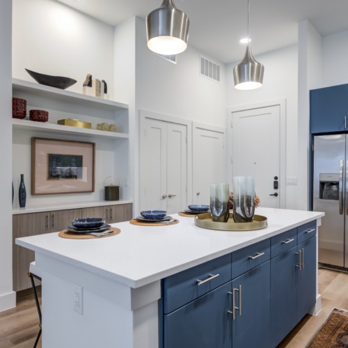 Kitchen island with coffee bar and shelves